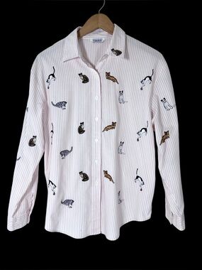 Teddi Cat Embroidered Novelty Button Front Shirt Pink Stripe Large